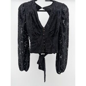 Anthropologie Black Lace Whimsigoth Sm. Sheer Witchy Fairy Boho Tie Back Y2K Top
